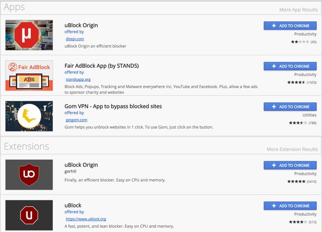 Chrome Web Store ublock Result