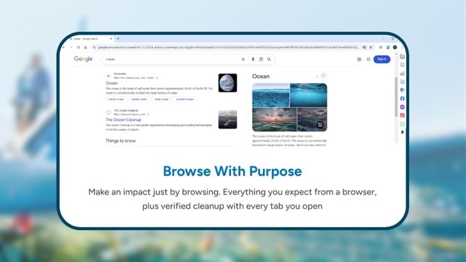 Browser home page with text that says Browse with purpose. Make an impact just by browsing. Everything you expect from a browser, plus verified cleanup with every tab you open.