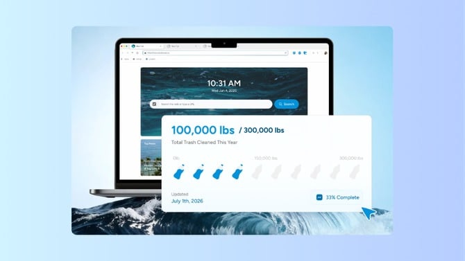 Wave browser showing an overlay of 100,000 lbs of garbage cleaned