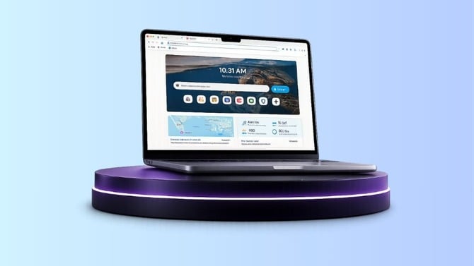Laptop with wave browser homepage showing a search window
