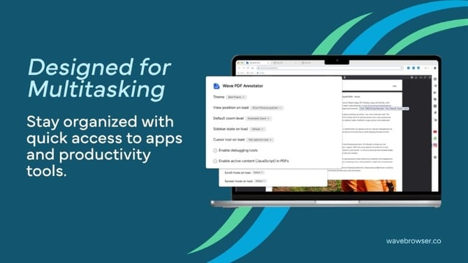 Browser image with text that says designed for multitasking. Stay organized with quick access to apps and productivity tools.