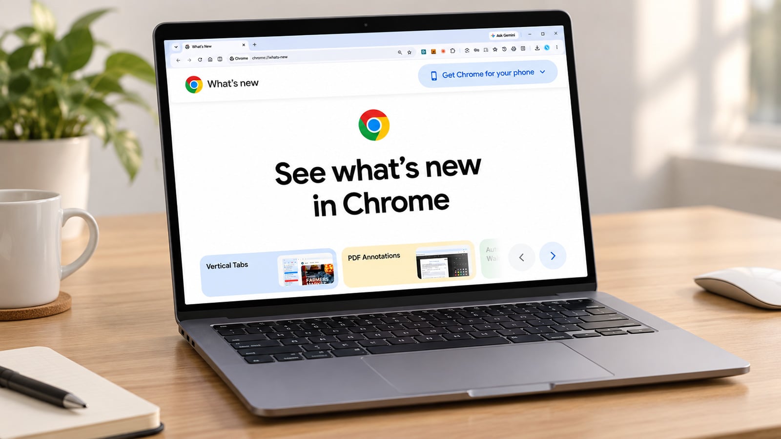 Laptop displaying Google Chrome’s “What’s new” page on a desk in a home office.
