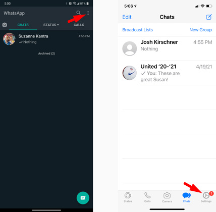 WhatsApp Android app with the triple dots for the menu pointed out and the WhatsApp iOS app with the cog for Settings pointed out.