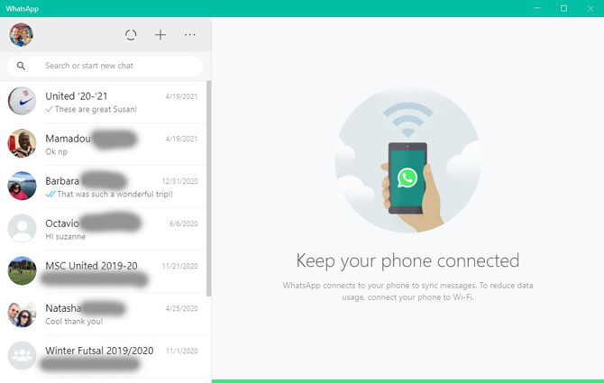 WhatsApp Desktop list of chats and message to keep your phone connected to receive messages.