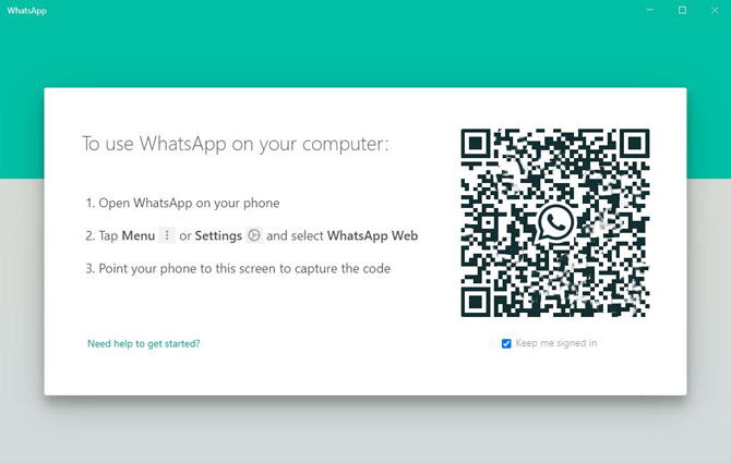 WhatsApp Desktop screenshot showing QR code for pairing with a smartphone