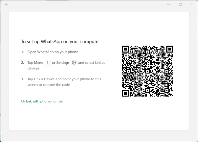 WhatsApp Desktop screenshot showing QR code for pairing with a smartphone