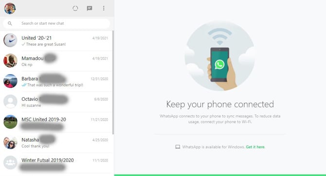 WhatsApp Web list of chats and message to keep your phone connected to receive messages.