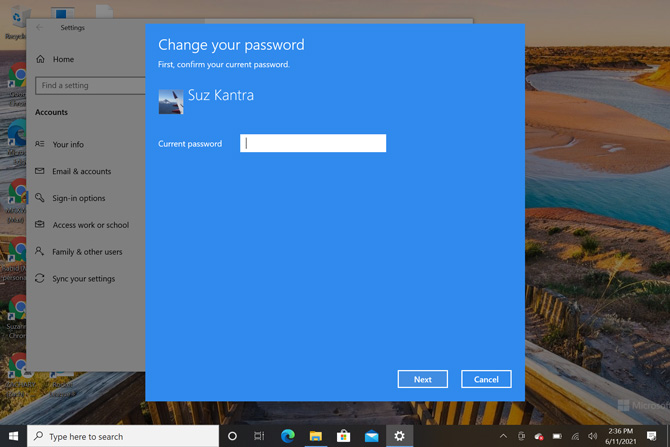 Screenshot of Windows 10 Settings app showing the blue change your password window and the box to enter your current password.