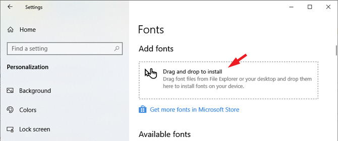 Screen shot of Windows 10 Font Settings screen with the drag and drop to install box shown on the right pane below the words fonts and add fonts.
