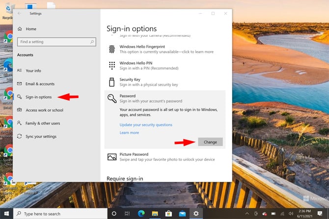 Screenshot of Windows 10 Settings app showing Sign-in options pointed out under Accounts and the password option highlighted and the word change pointed out. 