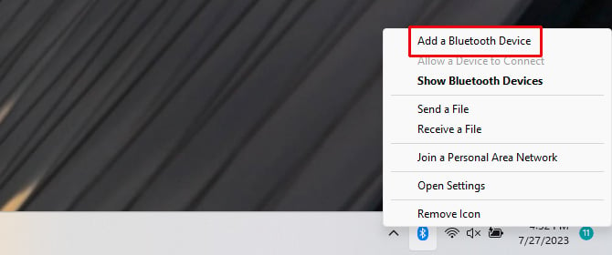 Windows 11 Bluetooth Settings menu with Add a Bluetooth Device