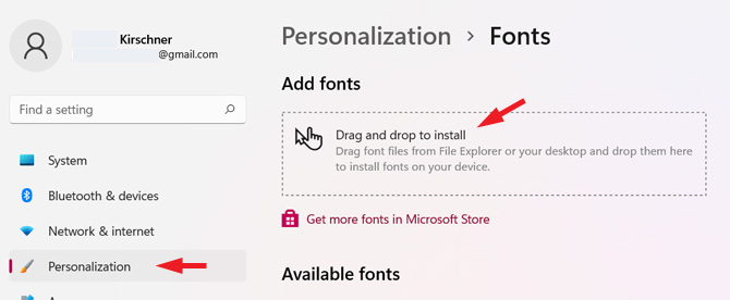 Screen shot of Windows 10 Font Settings screen with the drag and drop to install box shown on the right pane below the words Personalization > Fonts and Add fonts.