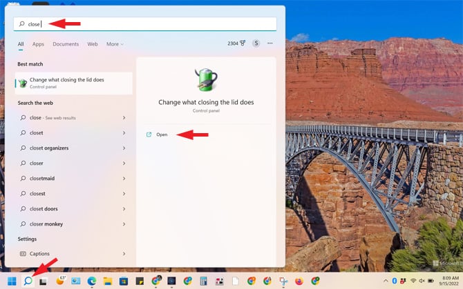 Screenshot of the Windows 11 desktop with the search window open. Pointed out at the bottom of the screen is the search icon. In the search box the search bar is pointed out next to the word close. In the right pane, the word Open is pointed out under the words change what close the lid does.