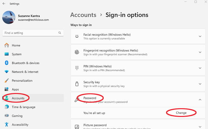 Screenshot of Windows 11 Settings app showing with Account circled in the navigation bar and Password and Change circled.