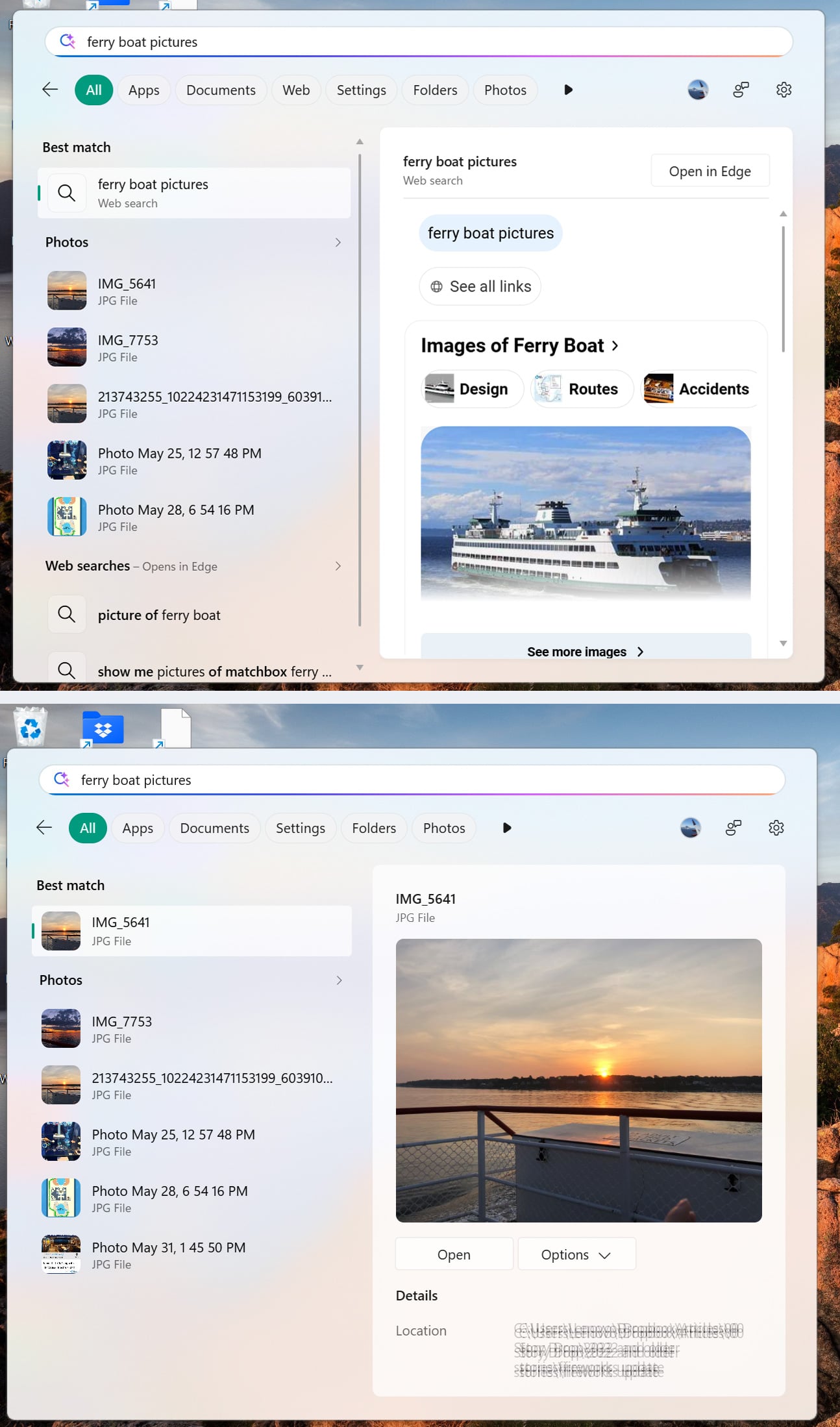 Windows 11 search results for “ferry boat pictures,” with web results enabled at the top and disabled at the bottom, showing photos stored on the PC.