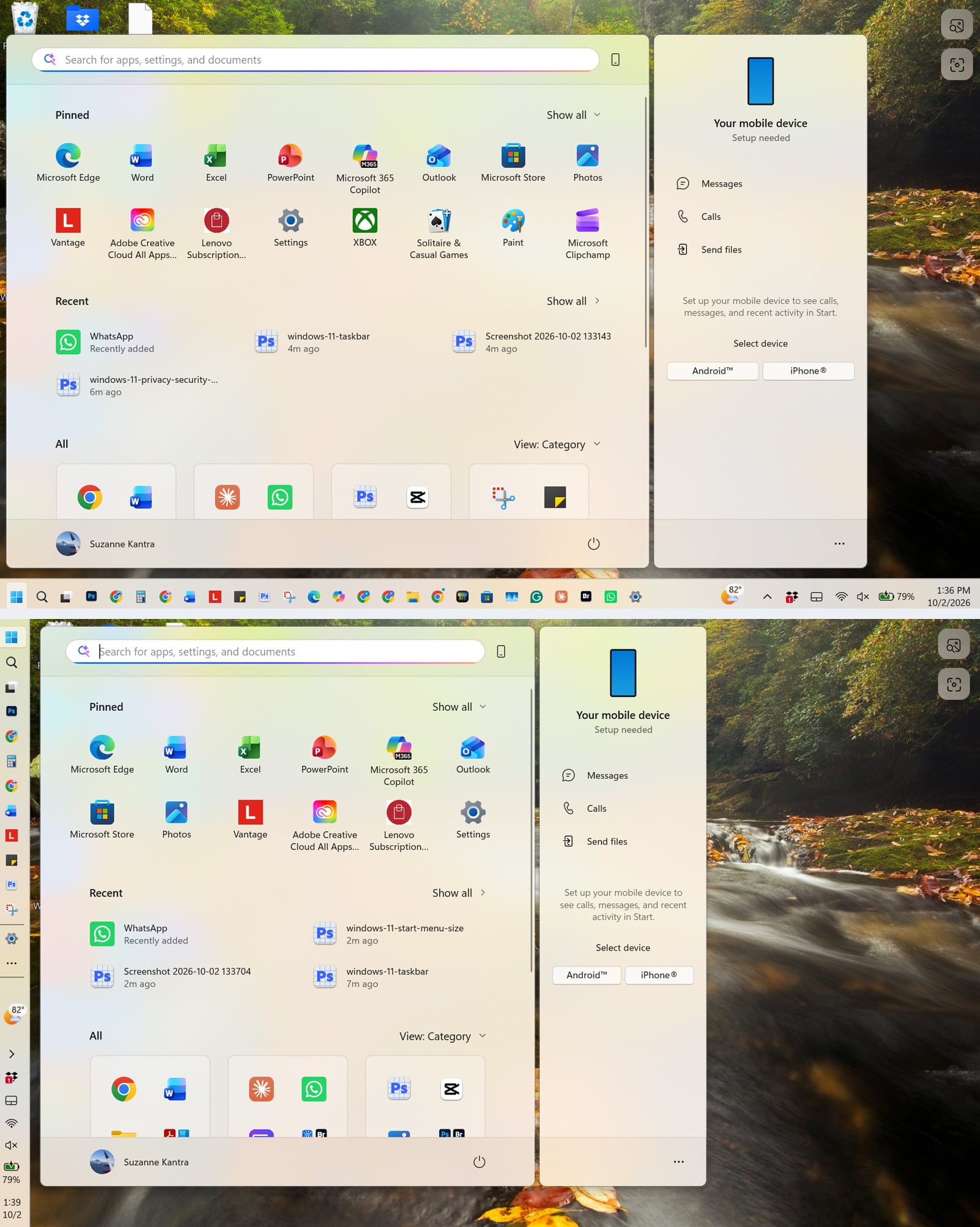 Windows 11 Start menu comparison showing a wider layout with eight pinned apps per row at the top and a narrower layout with six per row at the bottom.