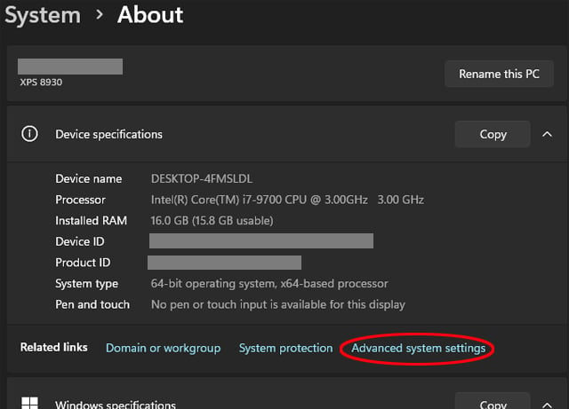 Screenshot of Windows 11 System About Screen showing Advanced system settings circled under the Device Specifications