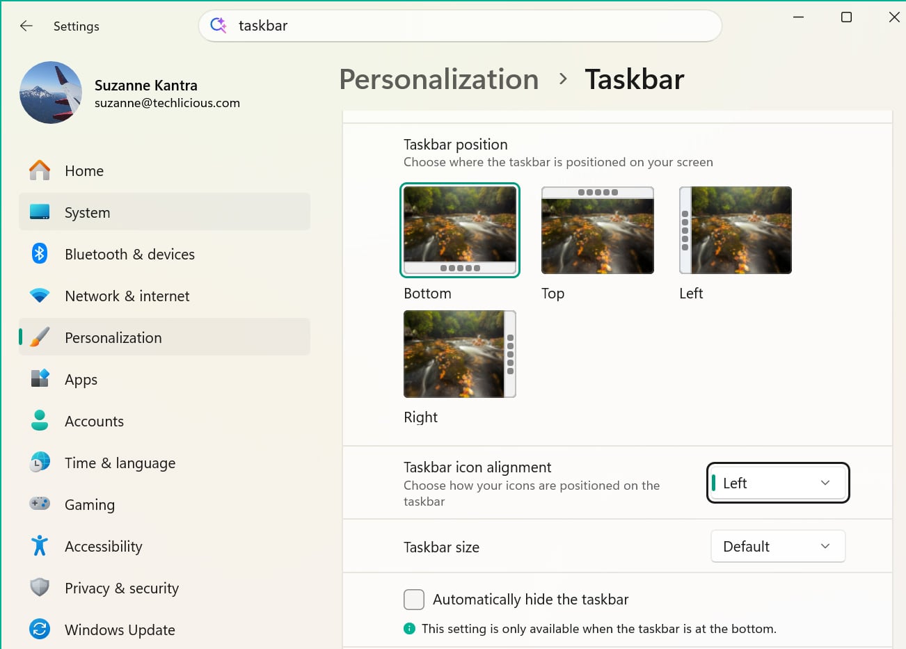 Screenshot of Windows 11 26H2 Taskbar settings