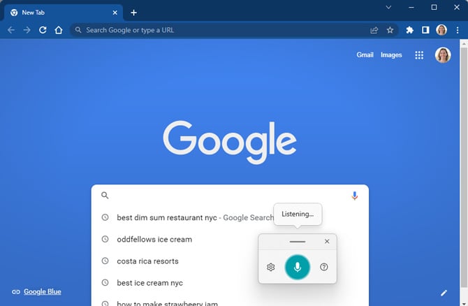 Screenshot of Google Chrome with the Google search window open. In the white search hox you see recent searches: best dim sum restuarant nyc, oddfellowes ice cream, costa rica resorts, best ice cream nyc. There is a pop up window with a cog wheel, teal microphone button and a circle with a question mark. Above the microphone pop up, you see a speech bubble that says Listening...