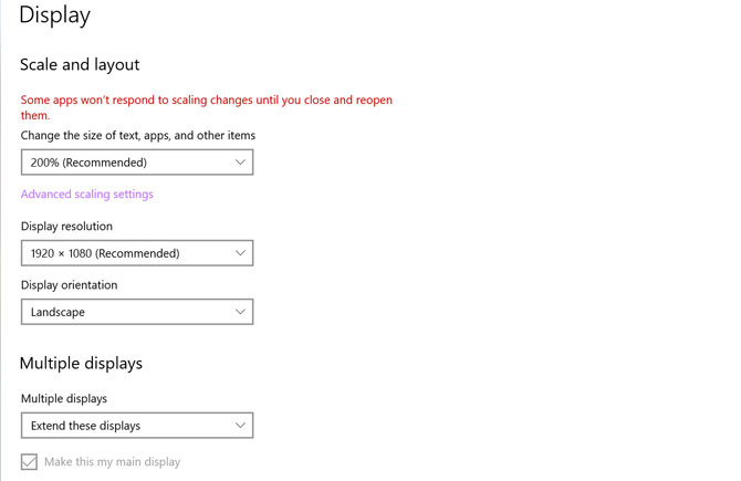 Screenshot of Windows 10 Display settings showing scale and layout options.