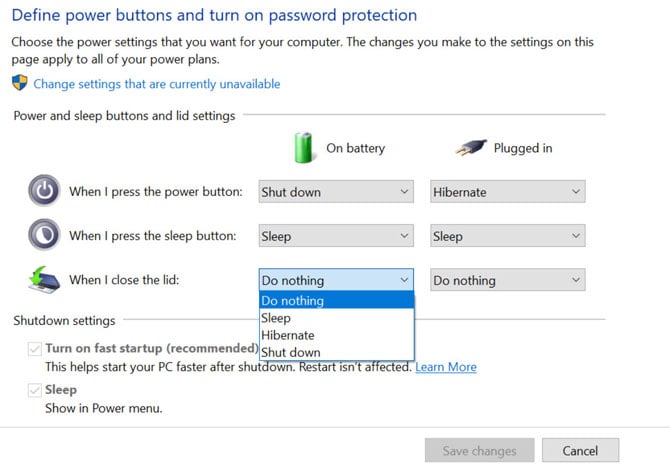 Screenshot of the Windows System Settings menu for Define power buttons and turn on password protection. You see settings for What happens with the lids closes. The options are Do nothing, Sleep, Hibernate and Shut down.