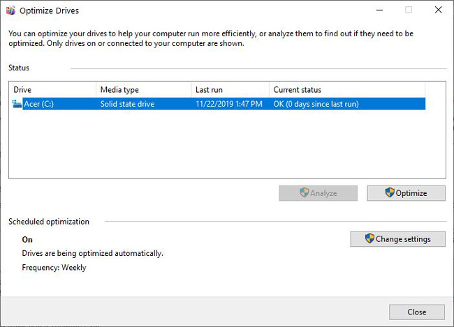 Windows Defragment and Optimize drives