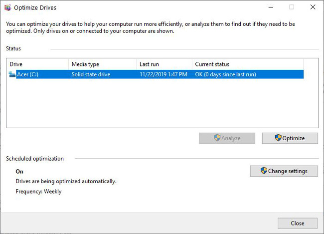 Windows Defragment and Optimize drives