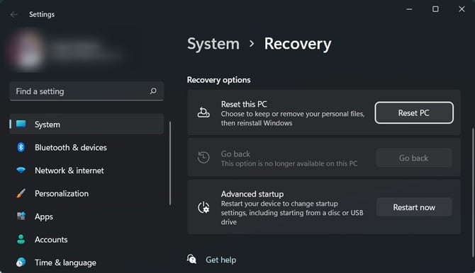 Windows System Recovery window with the option to Reset this PC at the top with a button Reset PC . 