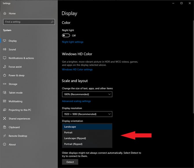 Windows 10 system settings display orientation