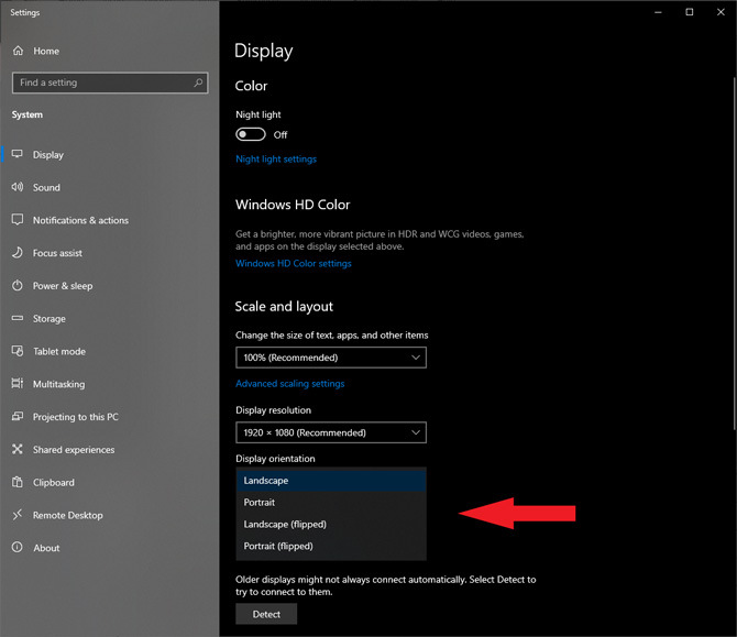 Windows 10 system settings display orientation