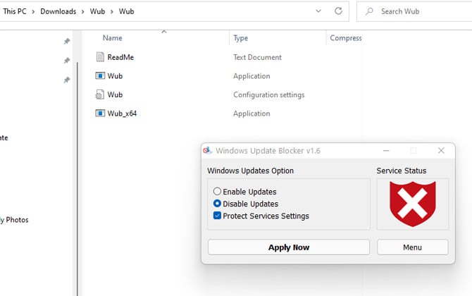 Screenshot of File Explorer showing the Wub folders and a popup of the Windows Update Blocker v1.6 with the Disable Updates option selected and Protect Services Settings selected. To the right is a red shield with a white X on it. Below are buttons for Apply Now and Menu.