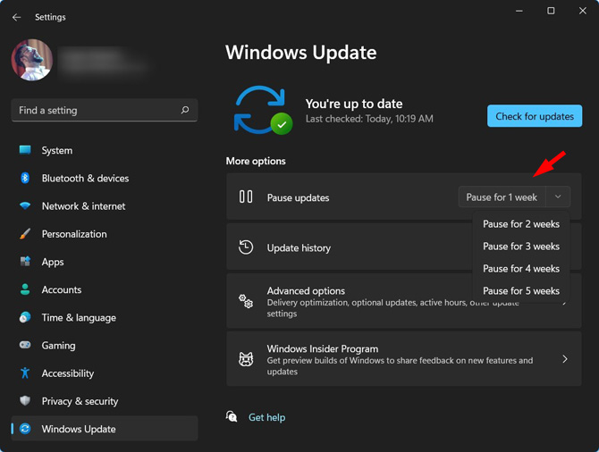 Screenshot of Windows Update settings showing message that you're up to date, a button for check for updates and a list of more options. Under more options, the first item is pause updates with the drop down menu with pause for 1 week pointed out.