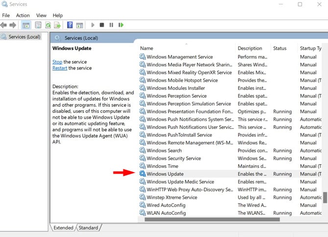 Screenshot of Windows Services. In the right pane that show local services by name with columns for description, status, and startup type. Two thirds of the way down, Windows Update is pointed out.  