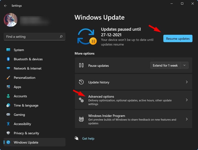Screenshot of Windows Update settings showing a message in the right pane: Updates paused until 27-12-2021 with the button 