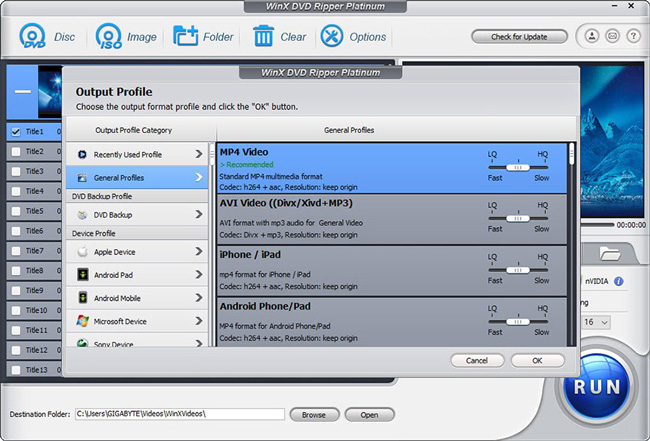 Winx DVD select output format