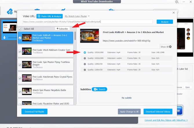 Screenshot of WinX YouTube Downloader showing a playlist with 6 videos on the left selected with a checkmark  for download. Above the list of videos is a subscribe button that is pointed out. To the right of the video list is a list of quality ratings and file types with the 1920x1080 mp4 file type pointed out.  