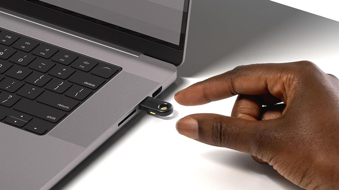The Yubico security key 5c plugged into a laptop.