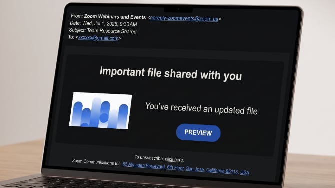 image of a legitimate looking phishing email sent via Zoom on a laptop screen