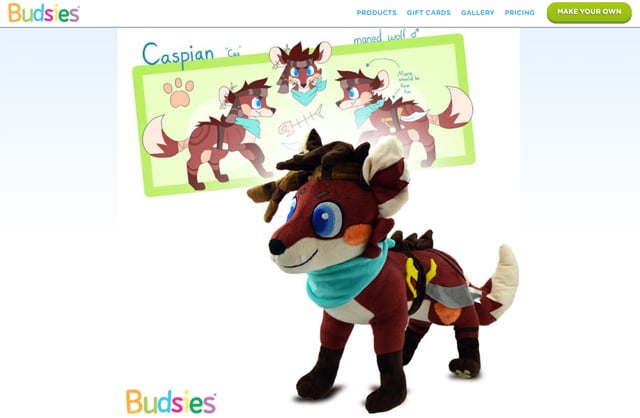 Budsies screenshot showing three drawing of a deer-like imaginary creature and below a stuffed animal based on the drawings.