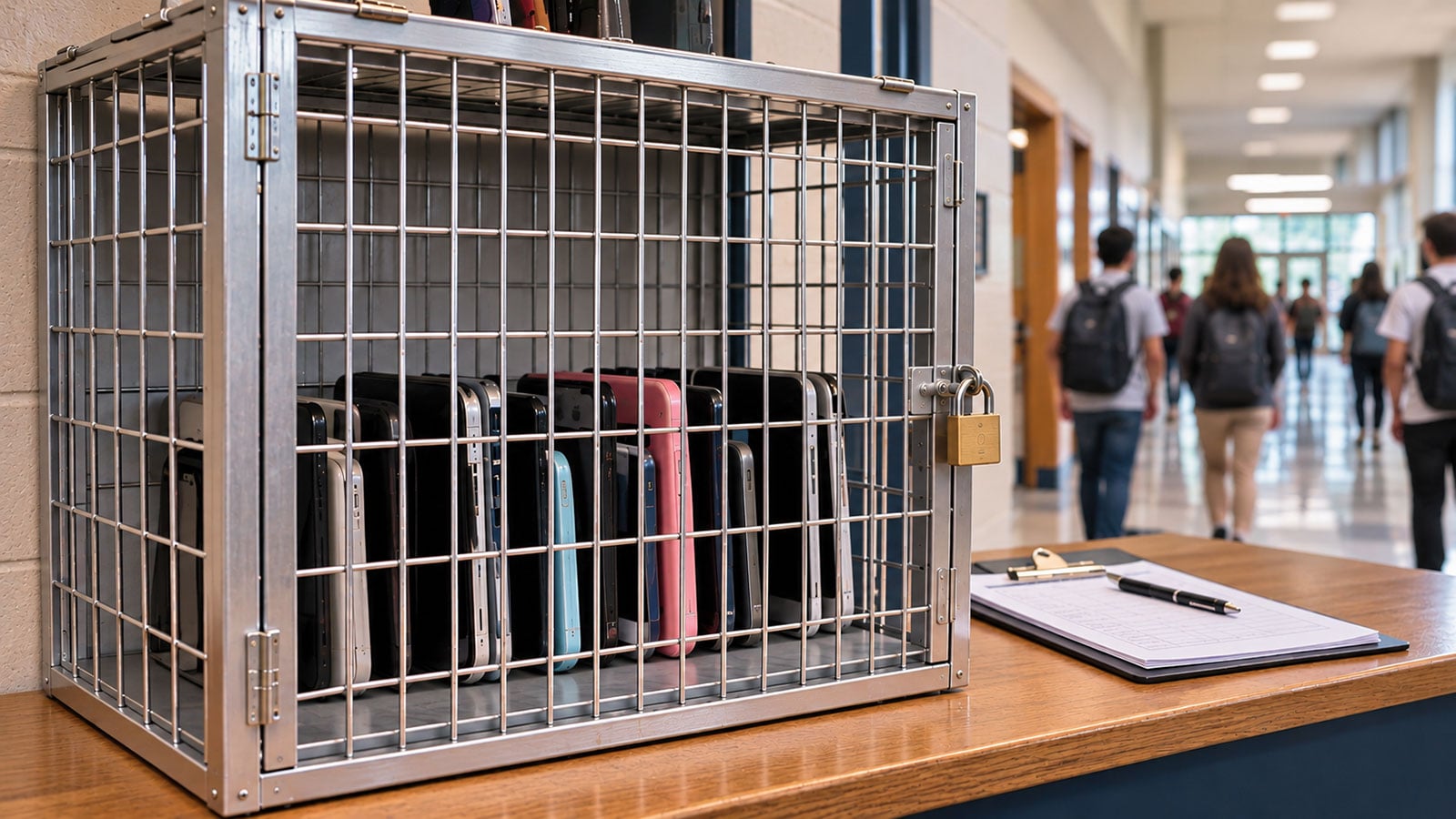 Mobile phones locked inside a metal cage on a school counter as students walk through the hallway in the background.