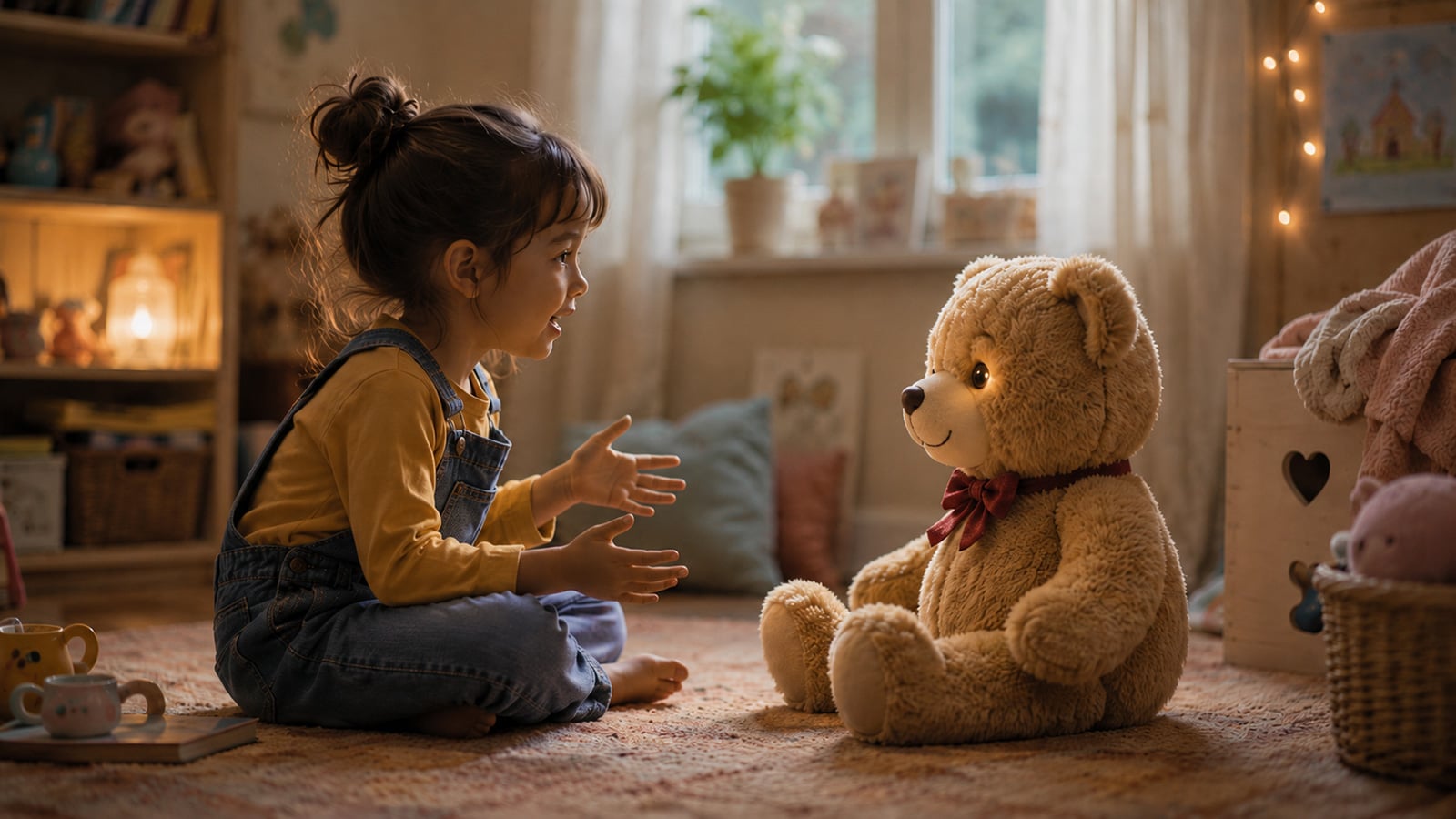 Child speaking with teddy bear