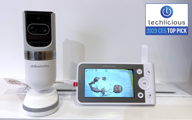Chillax Thermo AI baby monitor shown with monitor and Techlicious CES Top Picks award logo