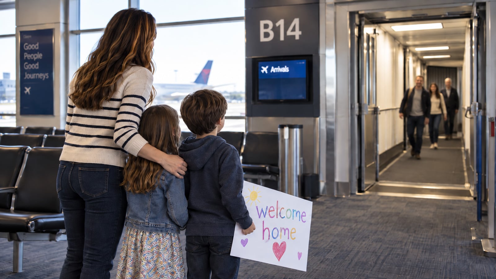 A family waits with a welcome home sign at an airport gate.