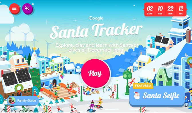 Screenshot of the Google Santa Tracker website showing Santa's village and a play button. A countdown to Christmas Eve is in the upper right corner.