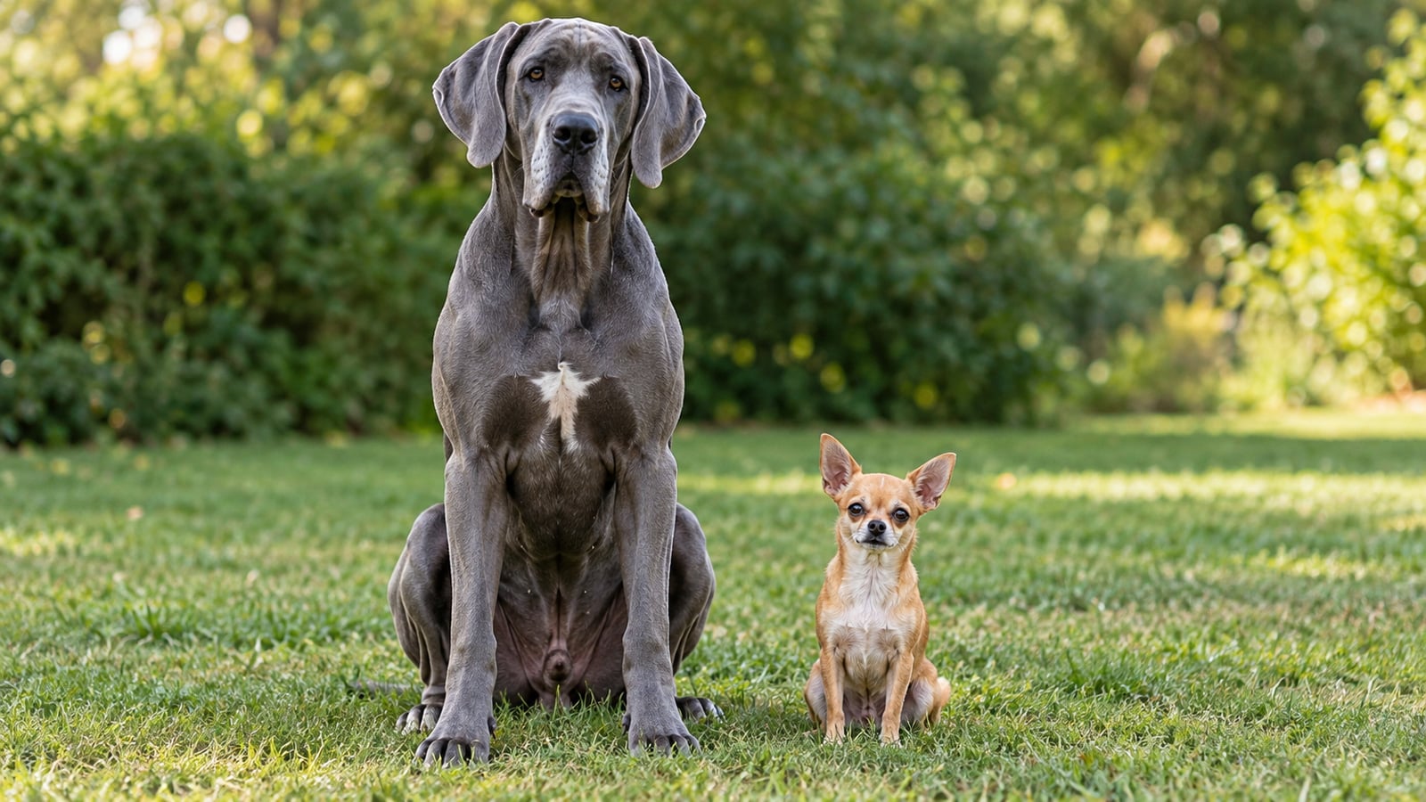 A large gray Great Dane and a small tan Chihuahua sit side by side on a lawn, facing the camera.