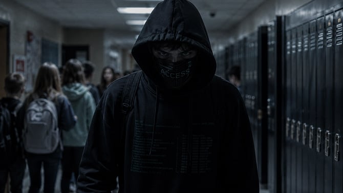 Concept image of a hacker walking the halls of a school.