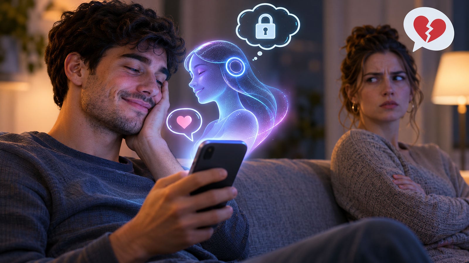 Man smiling at an AI chatbot represented by a glowing female hologram above his phone, while his partner looks on suspiciously.