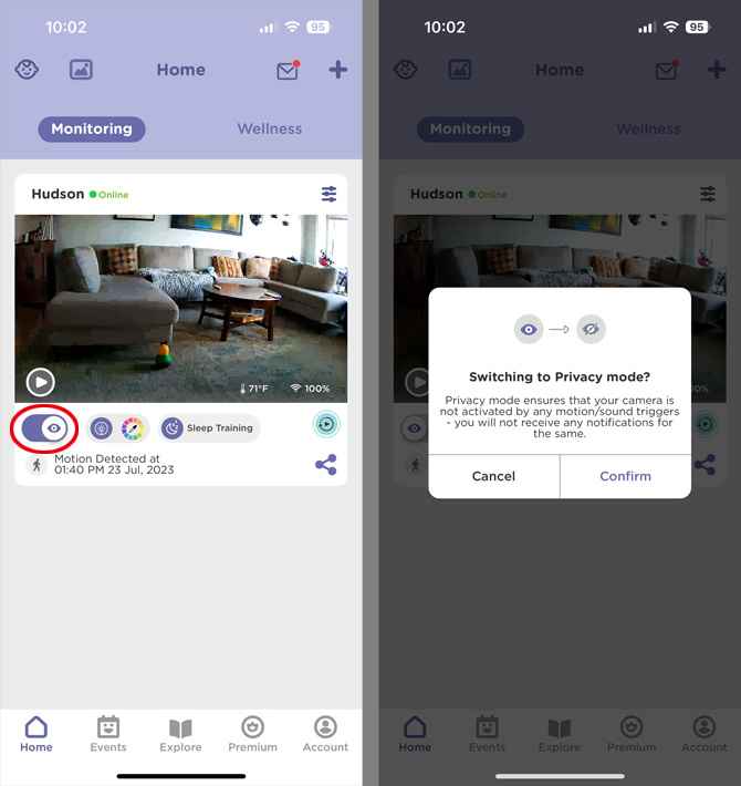 Two screenshots of the HubbleClub app. On the right you see the home screen with a live view of the camera. The privacy toggle is circled in red. On the right you see a pop up asking you to confirm that you want to switch to privacy mode. It warns you that you won't receive any motion or sound triggers 