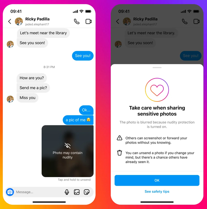 Two screenshots of Instagram DM chat. On the left you see a chat with a blurred out photo. On the right you a warning from Instagram to: Take care when sharing sensitive photos.