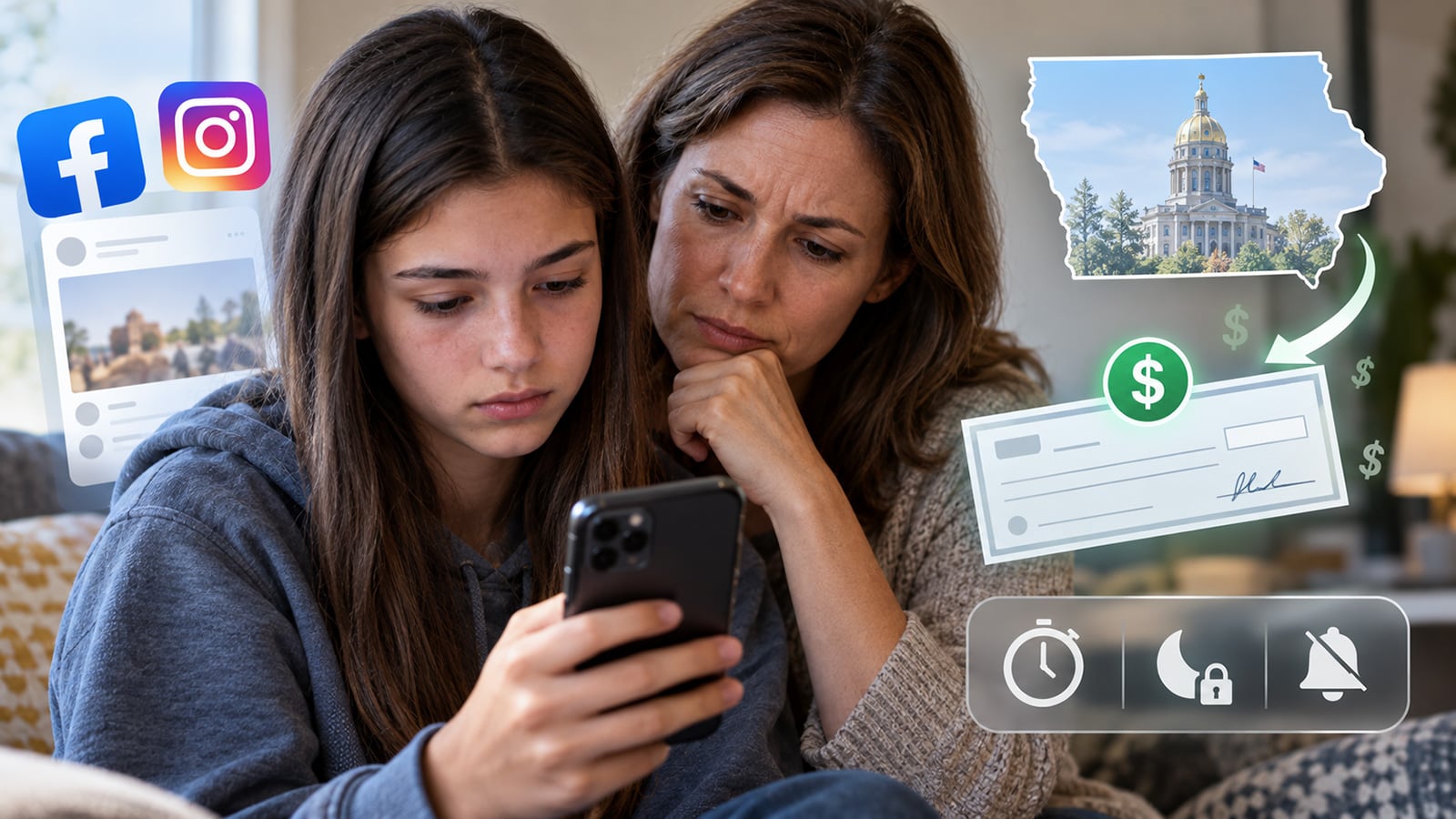 Teen and parent look at a smartphone, with Facebook and Instagram icons, an Iowa outline, a check, and parental-control symbols illustrating Iowa’s Meta settlement.